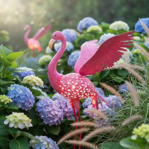 43" Metal Flamingo Garden Sculptures with Solar Light, Pink Flamingo Yard Art - Large Outdoor Lawn Ornaments & Decor for Patio, Backyard, Garden - size: 43Inch