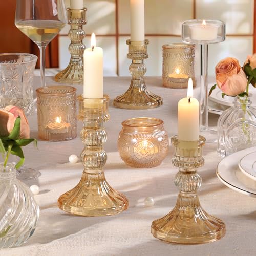DARJEN 6Pcs Gold Candlestick Holders Set - 4" H & 5" H Striped Taper Candle Holders Bulk, Glass Candle Holders for Wedding, Festival, Party, Table Centerpiece, Gifts - color: Gold, size: Striped Pattern