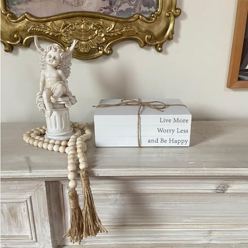 Decorative Books for Home Decor, White Faux Books for Decoration, Rustic Farmhouse Stacked Display Books with 52in Wood Bead Garland for Coffee Tables Living Room, (Happy) - style: Happy