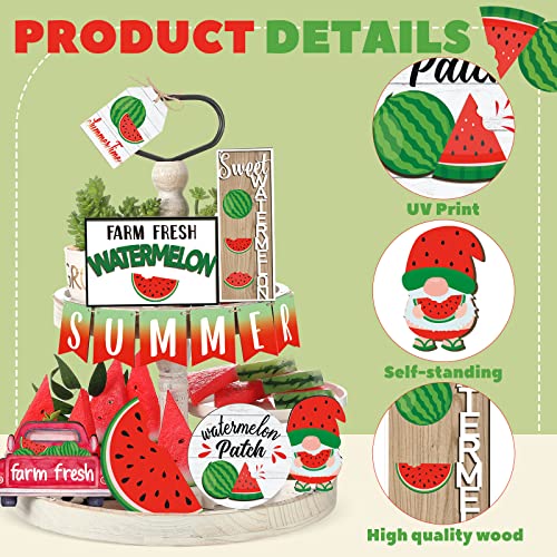 13 Pcs Summer Watermelon Tiered Tray Decor Set Farmhouse Wood Summer Wood Sign Hawaii Tiered Tray Decorations Tabletop Rustic Wooden Red Gnome Table Signs for Home Kitchen Table Decoration - style: Watermelon
