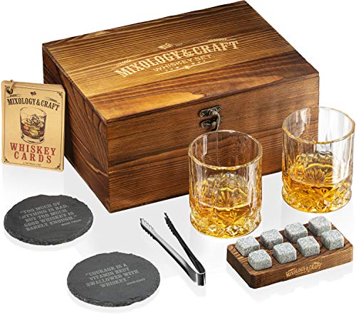 Mixology & Craft Whiskey Glasses Gift Set for Men 13-Piece with Pack of 2 Diamond Cut Glasses w/ 8 Granite Chilling Stones, 2 Coasters, Tongs & Cocktail Recipe Book in Wooden Crate - size: Light Latch Crate