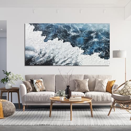 Abstract Wall Art Decor Abstract Canvas Wall Pictures for Living Room Large Blue White Wall Art Prints Beach Wave Artwork for Walls Coastal Modern Wall Art Decorations Home Office Wall Art Decor 24" X 48" - color: XY-01B, size: 48"L x 24"W