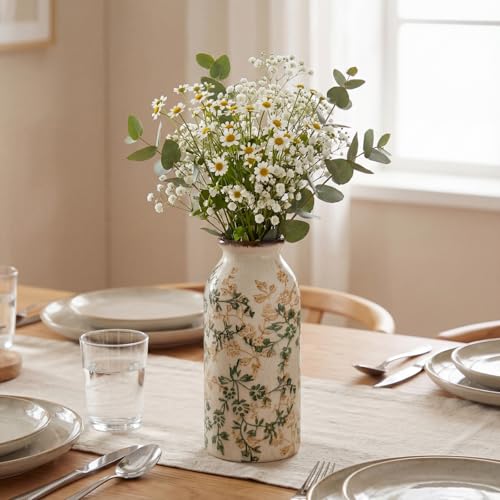 Vintage Ceramic Flower Vase Chinoiserie Antique Floral Vase Rustic Boho Farmhouse Decor for Home Table Bookshelf Aesthetic Centerpiece Gift(Vintage Green)