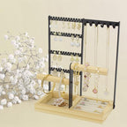 Jewelry Holder Organizer Jewelry Stand, 4-Tier Necklace Stand Earring Holder with Wooden Tray, Jewelry Rack for Bracelets Watches and Rings Display Stand, Gifts for Women & Girls-Black - color: Black