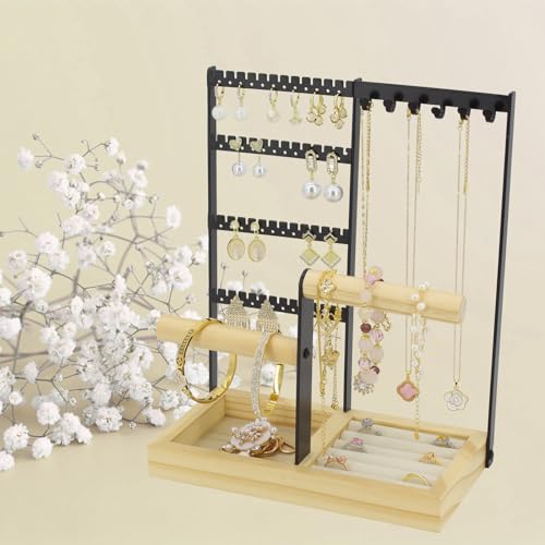 Jewelry Holder Organizer Jewelry Stand, 4-Tier Necklace Stand Earring Holder with Wooden Tray, Jewelry Rack for Bracelets Watches and Rings Display Stand, Gifts for Women & Girls-Black - color: Black