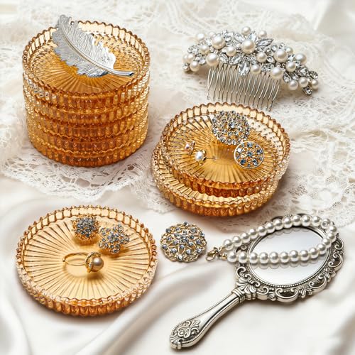 Elsjoy 8 Pack 4 Inch Glass Coasters for Drinks, Amber Tone Modern Clear Coaster Set, Round Crystal Glass Pillar Candle Holder Plates for Table Centerpieces, Home Decor