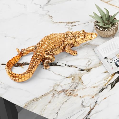 HAUCOZE Gold Crocodile Sculpture Animal Figurine Statue Modern Home Decor Table Centerpiece Gift for Bookshelf Desktop 14.2 Inch - color: Gold