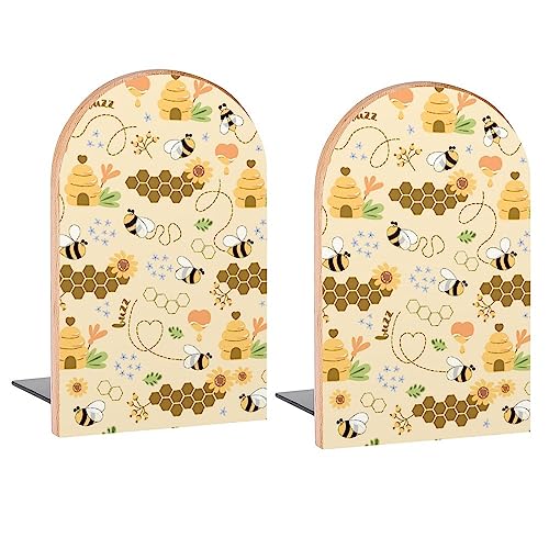 Cute Bee Sweet Honey Book Ends Decorative Wood Bookends for Shelves Kids Room Desk Home Office Book Stoppers for Magazines,Books, DVDs, 1 Pair/2 Pieces(5x3.1 in)