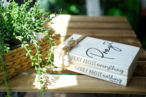 LIVDUCOT Faux Books for Christian Decoration, Decorative Wooden Book Stack for Bible Verse Home Decor - Pray About Everything Worry About Nothing Sign - color: Pray about everything worry about nothing
