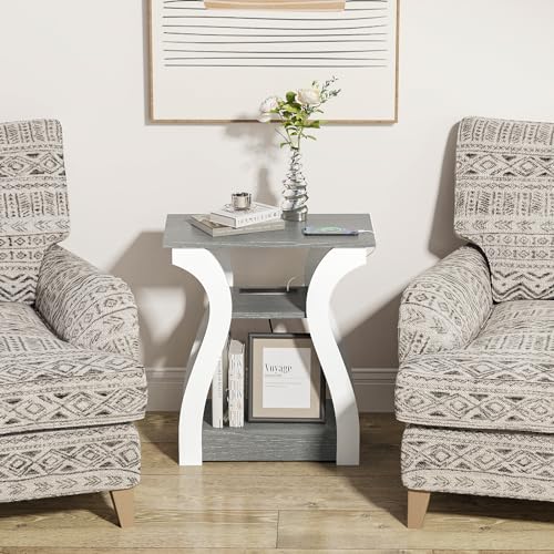 FROMJBEST End Tables Living Room, Grey End Table with Charging Station, Grey Side Table, Nightstand for Bedroom, 3 Tier End Table with Storage Shelf for Living Room - color: Grey