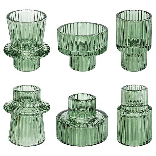 Taper Votive Candle Holder for Pillar Candles Tealight, Candlestick Holder for Wedding Christmas Tea Party, Boho Ribbed Vintage Crystal Glass Table Centerpiece Decor, Bulk Set of 6 (Green) - color: Green