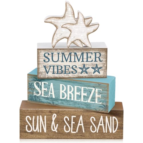 Yuntau 4 Pcs Summer Beach Decorations for Home Beach Tiered Tray Decor Starfish Coastal Rustic Starfish Wooden Block Table Sign Stacked Book Nautical Table Centerpiece for Farmhouse Office Desk Shelf - style: Retro Starfish