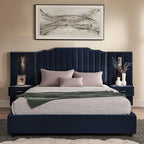Luxury Queen Size Bed Frame with LED Lights and Nightstands, Modern Velvet Upholstered Platform Bed Frame with Oversized Headboard, Buttons Around, No Box Spring Needed, Dark Blue | Breathable material - color: Dark Blue-velvet, size: Queen