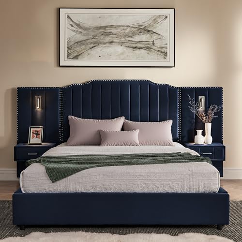 Luxury Queen Size Bed Frame with LED Lights and Nightstands, Modern Velvet Upholstered Platform Bed Frame with Oversized Headboard, Buttons Around, No Box Spring Needed, Dark Blue | Breathable material - color: Dark Blue-velvet, size: Queen