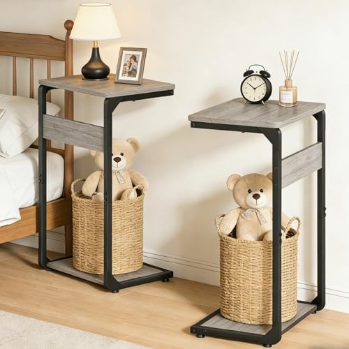 Small End Tables, Nightstand Set of 2, C Shaped Couch Side Table, Sofa TV Tray Table, Night Stand, Nightstands for Bedroom, Bedside, Living Room ET-YB-GYW2 - color: Greige