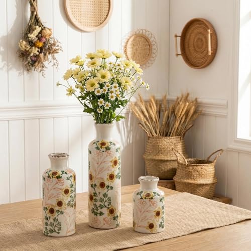 Vintage Ceramic Flower Vase Set of 3, Rustic Farmhouse Vase for Home Decor, Distressed Decorative Vase for Table Entryway Mantel Centerpiece Living Room Bathroom Bedroom (Sunflower Crackle) - color: 110-sunflower Crackle