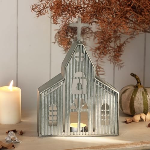 Church Shaped Tea Light Candle Holder Farmhouse Galvanized Metal Candle Holder Vintage Decorative Tealight Holder for Table Centerpiece Decoration - 6.22" x 1.97" x 9.25" - size: Crucifixion Church
