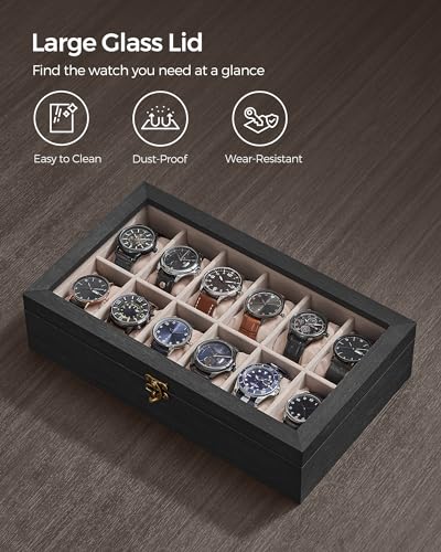 SONGMICS 12-Slot Watch Box, Watch Display Case with Large Glass Lid, Removable Watch Pillows, Velvet Lining, Gift Idea, Ebony Black UJOW120B01 - color: Ebony Black, size: 1 Layer 12 Slot