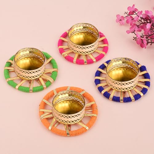 SATVIK 6 Pcs Round Chakra Metal Diya Tea Light Candle Holder | Decorative Oil Lamp for Diwali, Pooja, Mandir & Home Décor | Festival Decoration & Gifting Set with Tea Lights - size: Pack of 6