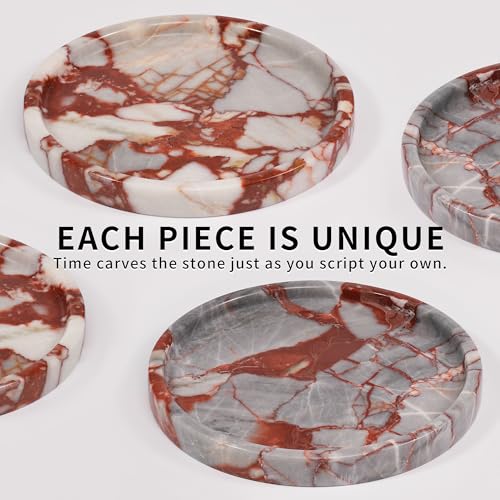 Marble Perfume Jewelry Tray - Stone Trinket Ring Key Purse Holder Dish, Round Plate Decorative Bowl for Nightstand Entryway Coffee Table Decor (7.9 inch) - color: Round-Red