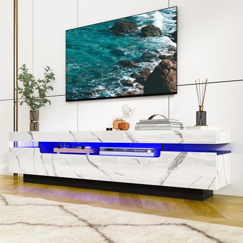 Uspeedy 70IN White TV Stand for 75/80 inch TV,Modern LED TV Stand for Living Room,High Gloss Entertainment Center with Storage Drawer,APP RGB Light,TV Console,Television Stands(Marbling) - color: Marbling