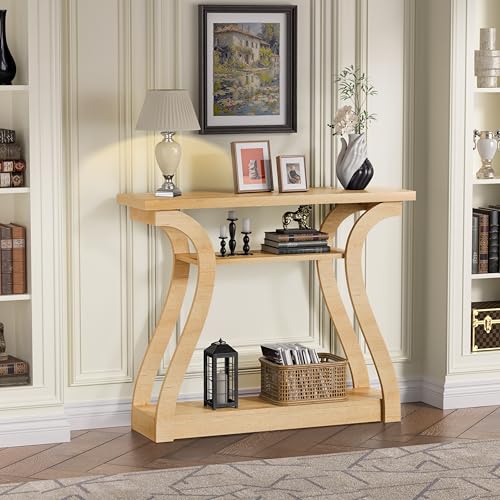 Wooden Console Table with Curved Legs and Shelf, 3-Tier Modern Accent Narrow Sofa Table for Entrance Area, Living Room, Hallway, 47 in Wide Wood Console Table for Entryway (Nature) - color: Nature