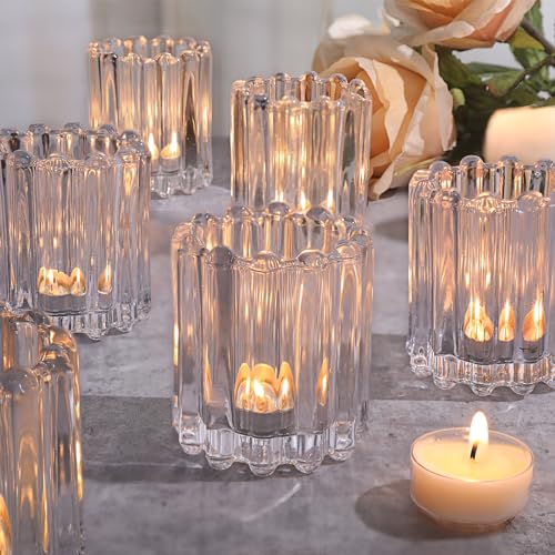 HAVITI Glass Clear Votive Candle Holder, Ribbed Votive Candle Holders Set of 6, Tealight Candle Holder for Wedding Centerpieces Dinner Party Table Decor - color: Clear