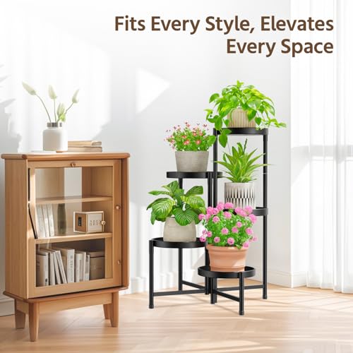 LASZOLA 5 Tier Large Plant Stand Indoor Tall with 10 Inch Metal Tray, Corner Folding Flower Display Rack, Modern Plant Holder Shelf for Outdoor Patio Porch Garden Office Living Room, Black - color: Glossy Black, size: 5 Tier