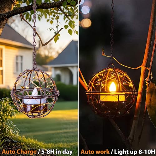Outdoor Solar Hanging Lanterns Waterproof, Globe Hanging Candle Holder with Flickering Solar Powered Tea Lights, Chargeable Chandelier Light for Backyard Patio Garden Fence Tree Decoration-4Pack