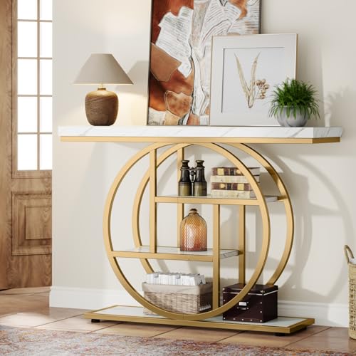 Tribesigns 41.3" Console Table, Industrial 4-Tier Sofa Entryway Table with Circle Base, Narrow Wood Accent Tables with Storage Shelves for Living Room, Hallway, Foyer, White Gold - color: White Gold
