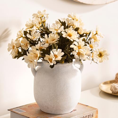 Ceramic Flower Vase Home Decor - 6 Inch Farmhouse Rustic White Table Vases with Handle Living Room Decoration Decorative Vintage Pottery for Kitchen Shelf Coffee Dining Desk Bookshelf Fireplace - color: 6" Rustic