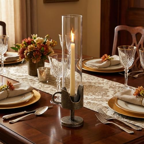 Handcrafted Cast Iron Base Hurricane Candle Holder with Glass Shade - Elegant Vintage Candle Stand for Taper Candles - Perfect for Living Room, Dining Room, and Home Décor 14“ High