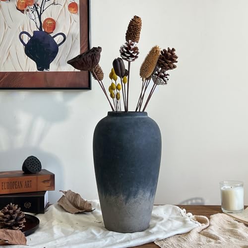 Ceramic Rustic Farmhouse Vase, 12 Inch Black Handmade Pottery Flower Vase for Home Decor, Rustic Living Room Decor, Wedding Gifts, Shelf & Table Decoration - color: Black, size: Small