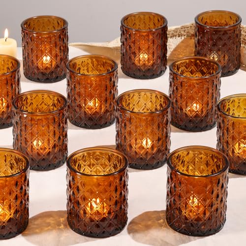 MATAHUM 12Pcs Large Votive Candle Holders 2.8 * 3.2in Amber Tea Light Candle Holders Glass Candle Holder for Bridal Shower, Wedding, Table Centerpiece, Party, Home Decor - color: Amber