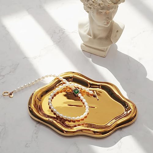 Jewelry Dish Trinket Tray for Women, Ring Dish Holder, Unique Cloud Shape Ceramic Plate Cute Things Vanity Aesthetic Room Decor Mother's Day Birthday (Gold) - color: Gold
