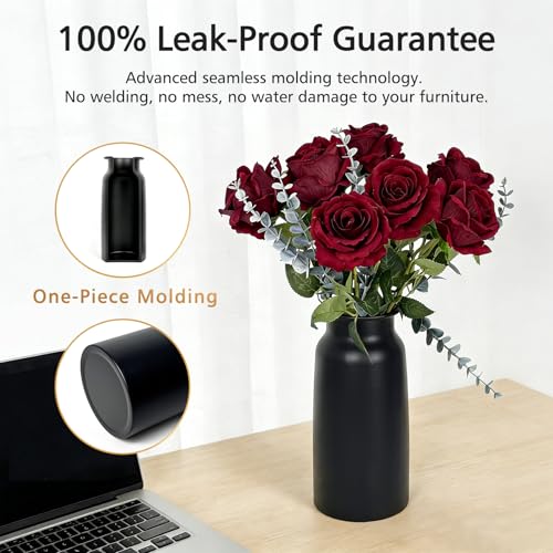 Set of 2 Black Seamless Wide Mouth Metal Flower Vase, 10.8" Tall Modern Matte Black Floral Vase Pair, Shatterproof Leakproof, Industrial Home Decor Centerpiece for Table, Mantle, Shelf - color: Black