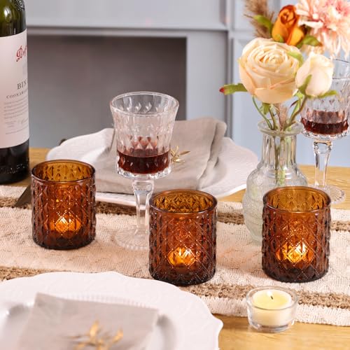 MATAHUM 12Pcs Large Votive Candle Holders 2.8 * 3.2in Amber Tea Light Candle Holders Glass Candle Holder for Bridal Shower, Wedding, Table Centerpiece, Party, Home Decor - color: Amber