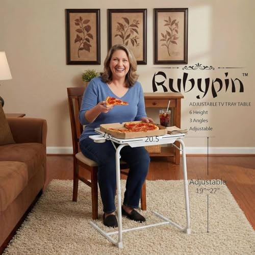 Rubypin Multifunctional TV Tray Table – Adjustable Folding Table for Bed & Sofa with Cup Holder, 6 Height Settings & 3 Tilt Angles (White)