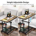 Tribesigns Height Adjustable C Table with Wheels, Mobile Couch Snack Side Table with Tiltable Drawing Board, Sofa Bedside Laptop Stand C Shaped TV Tray with Storage Shelves (Black+Oak) - color: Black+oak