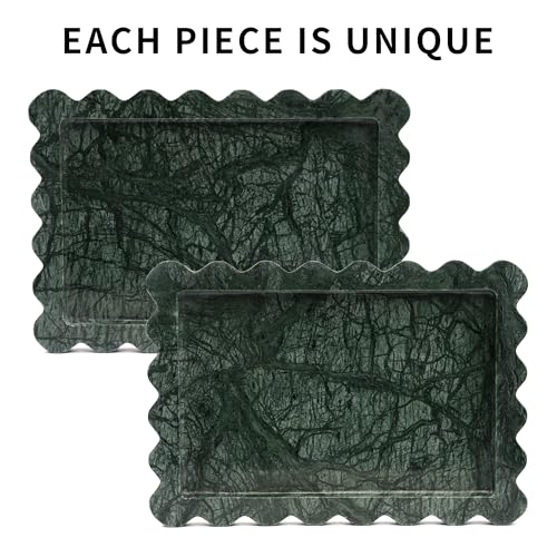 Scalloped Green Marble Tray - Large Home Decorative Stone Vanity Perfume Candle Plates for Bathroom Accessories Coffee Table, Key Dish for Kitchen Countertop Entryway (10.6" x 7.4" x 0.8") - color: Scallop-green