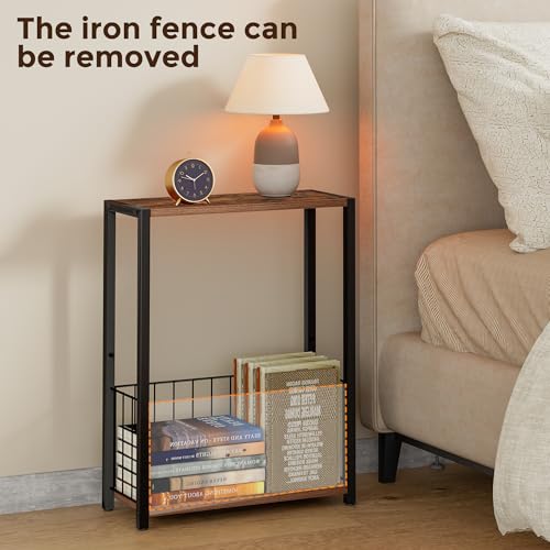 Homleke Narrow Side Table with Magazine Holder, Skinny End Table Perfect for Small Spaces, Space-Saving Design for Living Room, Bedroom, or Office, 7.1" D x 16.9" W x 23.6" H, Rustic Brown - color: Rustic Brown - Standard