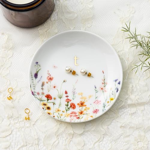 Crisky Initial Jewelry Tray Ring Dish & Gift Box, Ceramic Flower Trinket Dish for Rings Earrings Necklaces Keys, Bridal Shower Engagement Birthday Gift for Women, Friends 4.57" (Gold Foil T - style: Initial T