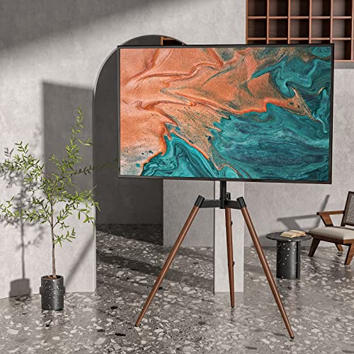 Rfiver Artistic Easel TV Stand, Height Adjustable & Swivel 100° Tripod TV Stand for 32-65 Inch LCD LED Flat Panel Curved Screen TVs up to 77 lbs, Portable TV Mount for Bedroom, Living Room, Studio - color: Walnut