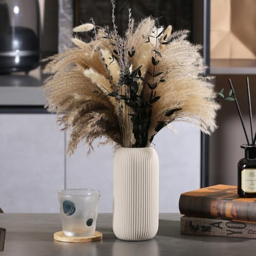 Bohemian Beige Ceramic Vase - for Pampas Grass, Mantel, Bookshelf, Entryway and Living Room Decor (Beige, 8in-Pill) - color: Beige, size: 8in-Pill