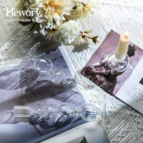 Hewory Glass Candlestick Holders Set: 3PCS Clear Candle Holder Taper Candle Holders Bulk, Crystal Ribbed Candle Sticks Holder Decor for Table Centerpiece Wedding Christmas Thanksgiving Dinner - color: Clear