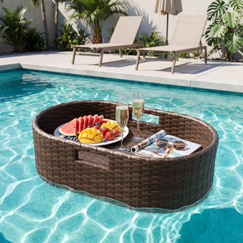 Devoko Floating Pool Tray Large PE Rattan Pool Serving Bar, Luxury Pool Floating Table with Handles for Pool Party, Hot Tub & Beach (Brown) - color: Brown, size: Medium