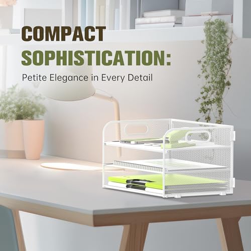 DALTACK 3 Tier Paper Organizer with Handle, Mesh Metal Desk Organizer with Sliding Paper Trays for Letter/A4 Paper, Mail, Bills & Folders, White - color: White