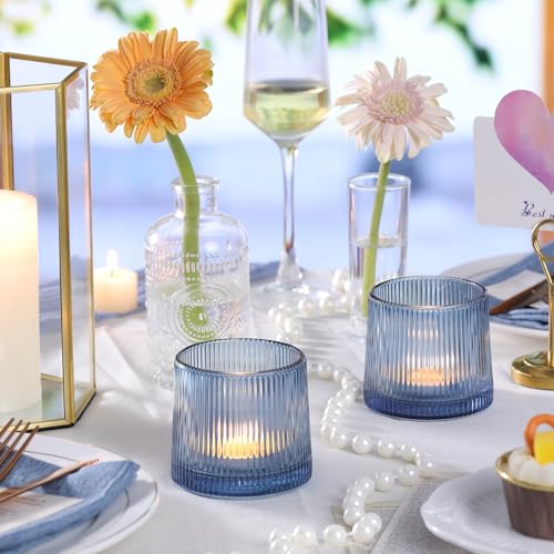 DARJEN Blue Ribbed Tealight Votive Candle Holders Set of 10- Votive Candle Holders for Table Centerpiece, Tea Light Candle Holder Glass for Wedding and Home Decor, Blue Decor and Gifts - color: Blue, size: 10Pcs