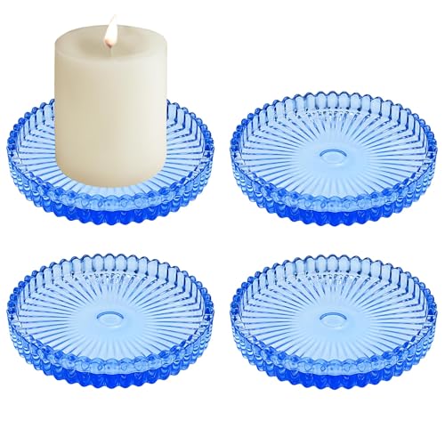 3.8 Inch Blue Glass Pillar Candle Holder Plates Set of 4 Coaster Holder Round Candle Stand for Table Centerpieces, Wedding,Party,and Home Decor - color: Bule