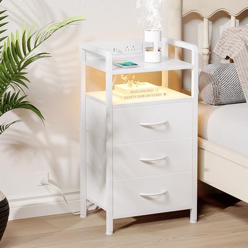 Lazzanto Night Stand Bedside Charger Bedroom - Nightstand with Charging Station, Bed Side Table with LED Light Strip, End Table with U-S-B Ports & AC Outlets, Storage Shelf & 3 Fabric Drawers, White - color: White, size: 3 Drawers